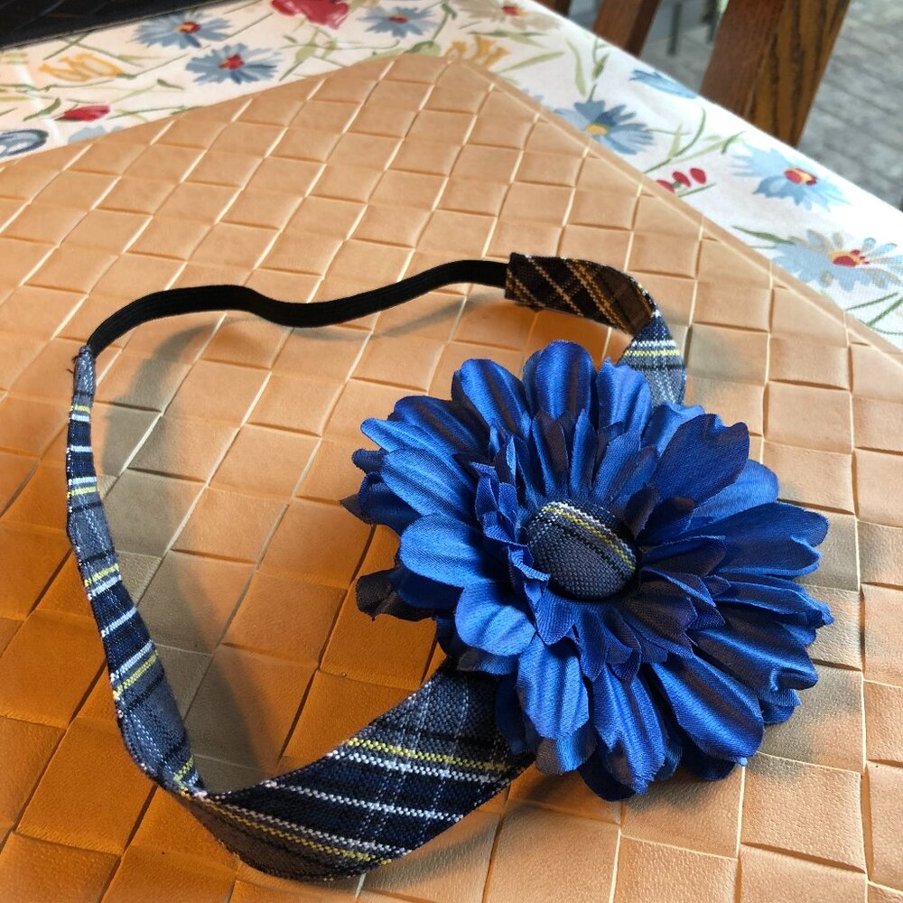 Blue Plaid Headband with Blue Flower by Sheila Bee Designs